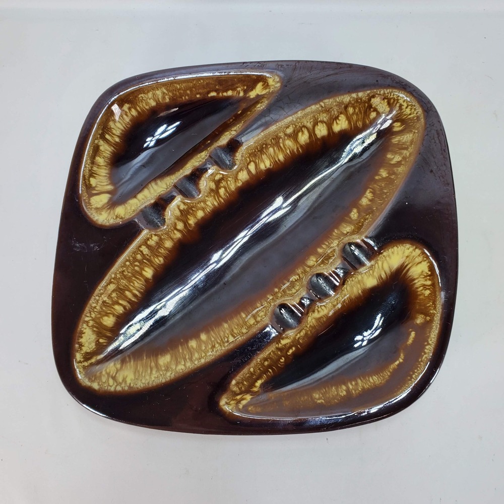 Vintage Ashtray Brown Mid Century Modern Drip Glaze Ceramic Square MCM